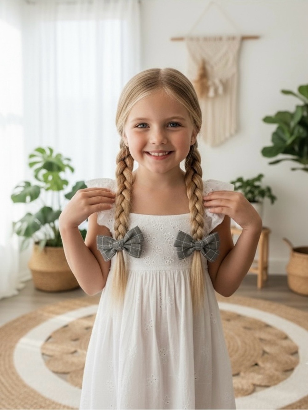 Handmade Grey Grid Bow Hair Clips Set Neutral Boho Hair Accessories